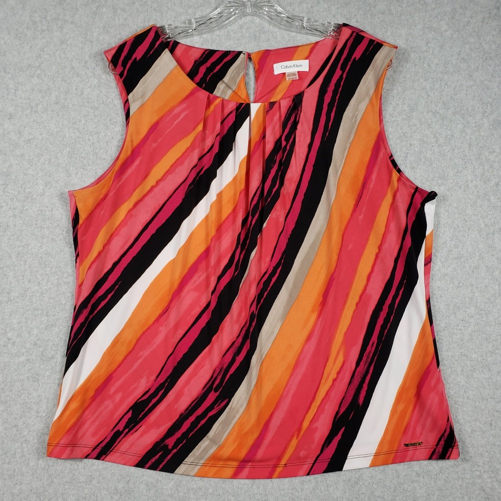 Calvin Klein Womens Top 1X Pink Orange Striped Blouse Sleeveles Pleated Neck EUC